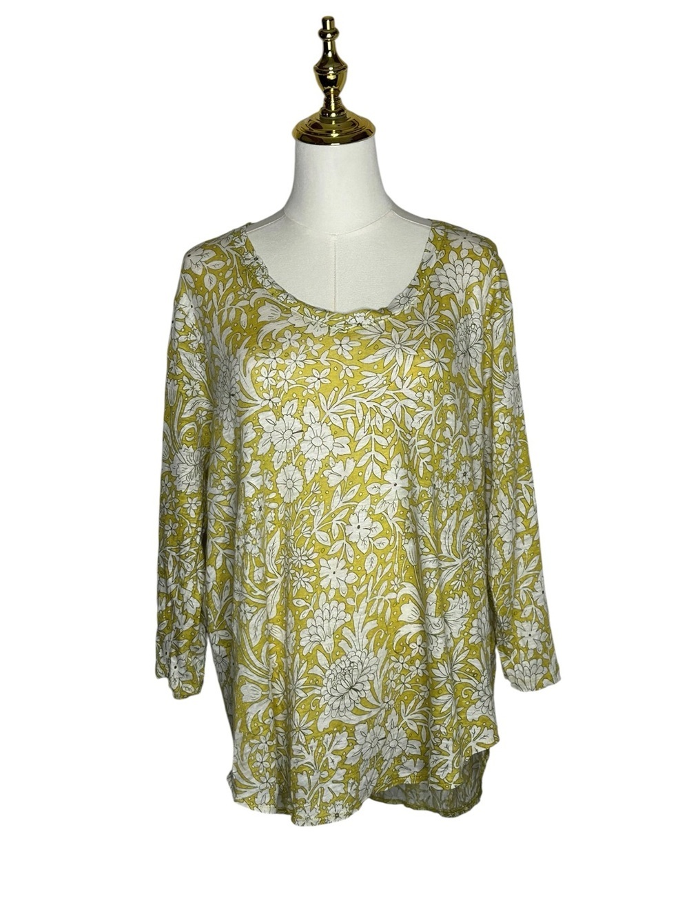Rachel Ashwell 100% Linen Yellow Green Floral Boho Top EUC Sz 1X Cottagecore